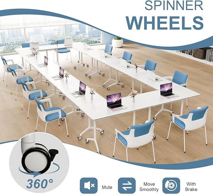 6Pack Folding Conference Room Table, Modern Conference Tables with Silent Wheels, Large Rectangular Mobile Training Tables for Office Classroom, Foldable Modular Seminar Table White (L47.2in)