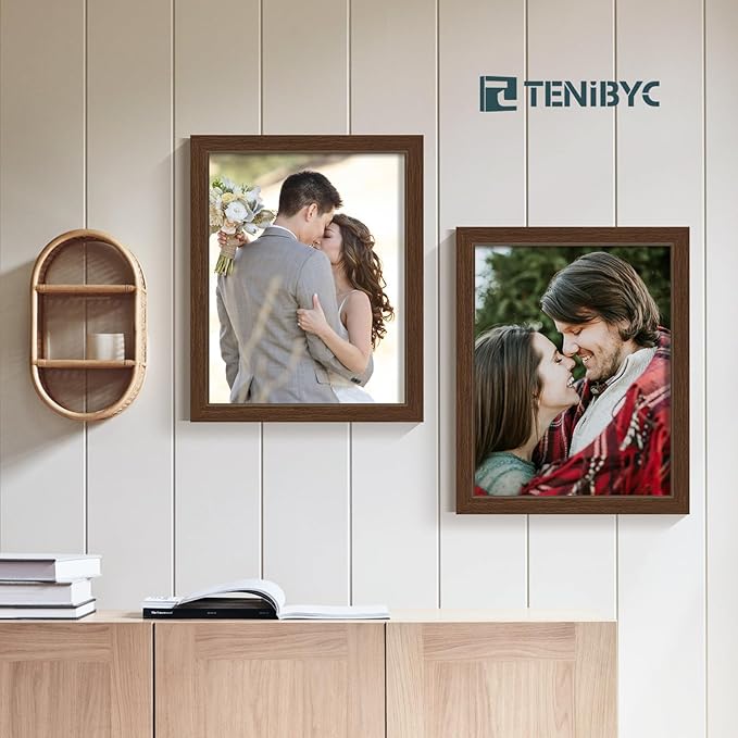 11x14 Picture Frame Set - 4 Pack, Brown Wood Grain 11 x 14 Photo Frame, HD Tempered Glass, Wall Hanging, Gift for Friend