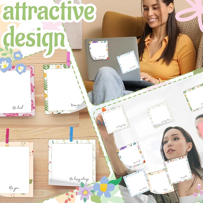 9 Pieces Flowers Designed Sticky Note Adhesive Cute Memo Notes Self-Stick Note Pads for Back to School Decorations Home Classroom Office Party Decor
