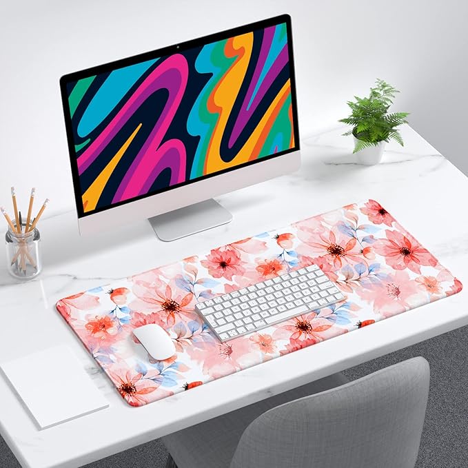 Desk Mat, 32" x 12" XXL Extended Large Gaming Mouse Pad, Desktop Decor Desk Pad, Cute Men Women Office Supplies and Accessories, XL Mouse Mat for Laptop & Keyboard, Pink Flower