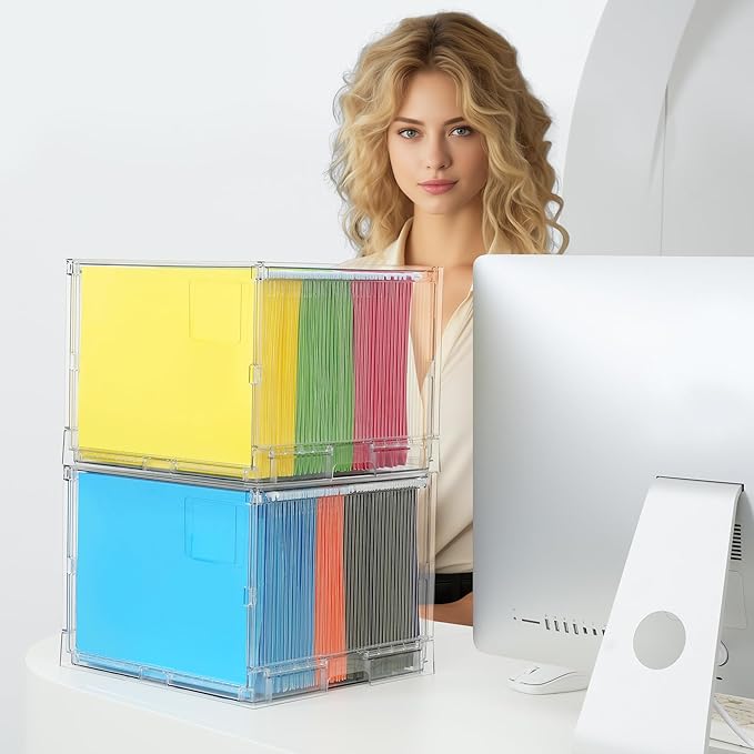 MUKAI File Organizer Box with Lid, Collapsible File Folder Organizer with Slide, Hanging File Folder Box, for Office Document Storage with Desktop organizer (3)