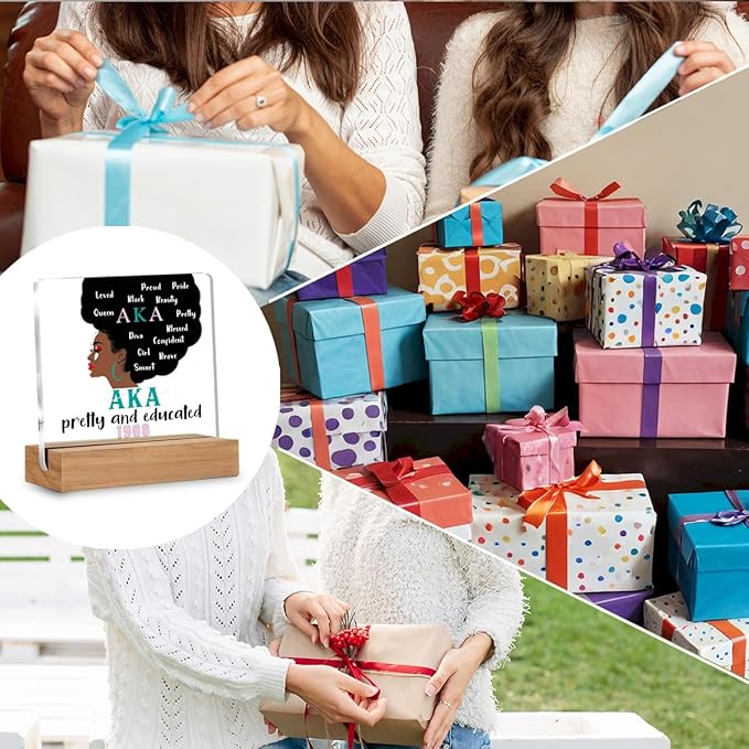 Aka Sorority Gifts for Women, Aka Paraphernalia Acrylic Plaque Gift, Alpha Kappa Alpha Sorority Gifts, Pretty and Educated AKA Desk Signs Decor 4 × 4 Inches