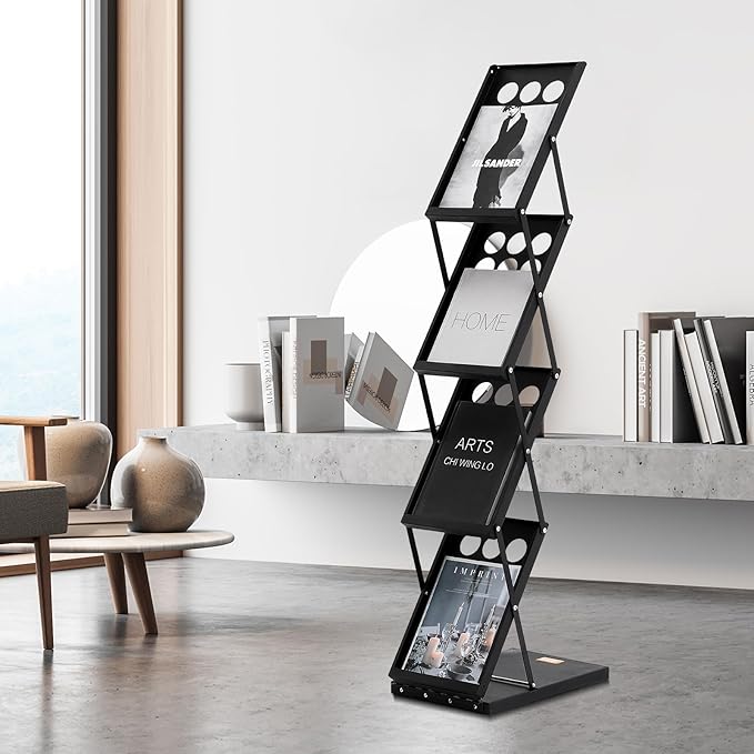 VEVOR Foldable Magazine Display Rack, 4-Tier Brochure Literature Display Stand, Portable Catalog Brochure Holder Stand with Carrying Bag for Office Trade Show Exhibitions, 4 Pockets