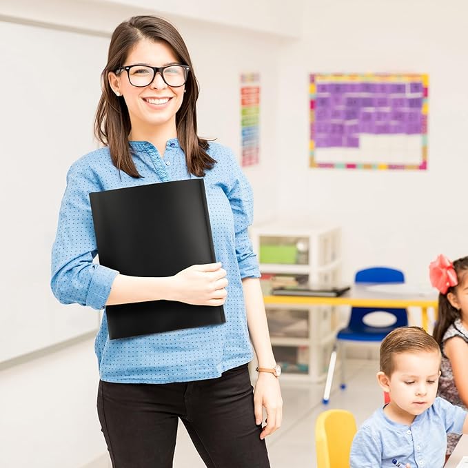 Patelai 48 Pcs Plastic Folders with 2 Pockets and 3 Prongs Home Folders with Card Slot Letter Size Heavy Duty Report Covers for Back to School(Black,Classic)