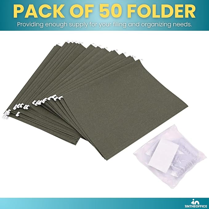 1InTheOffice Green Hanging File Folders Letter Size, Hanging Organizer File Folders, Green Hanging Folders, 1/3 Tabs, 11 pt, 50 Pack