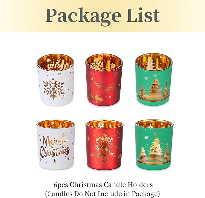 Hewory Christmas Votive Candle Holders: Christmas Tea Light Candle Holder Set of 6, Cylinder Glass Candle Holders Centerpiece Christmas Decorations Indoor Home Decor for Table Fireplace Holiday Party