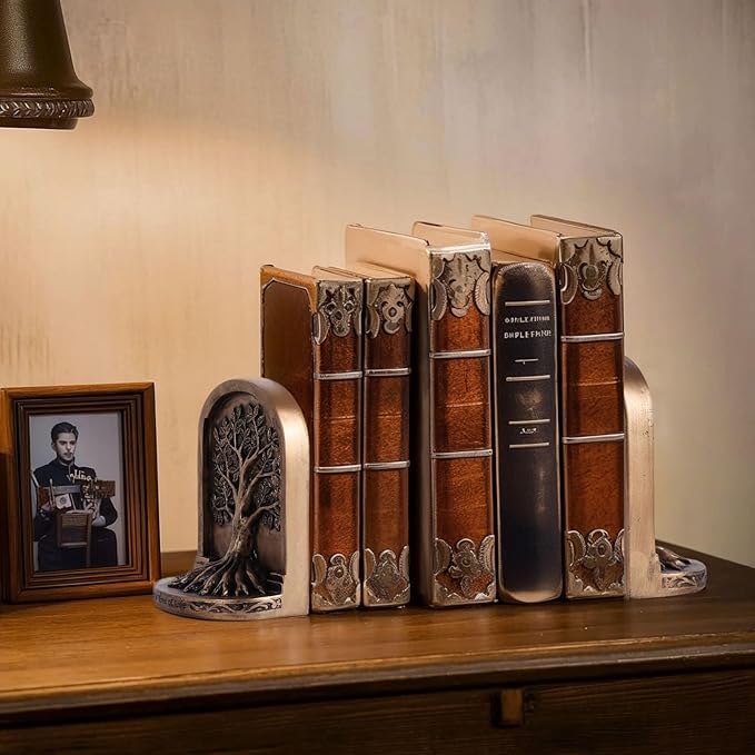 Vintage Bronze Finish Tree of Life Bookends Set, 2 Non-Skid Heavy Bookends for Shelves or Bookcase, Decorative Bookends for Desktop Shelf Decor, Library Office Decor, Home Décor Gift