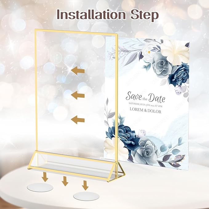 Gold Frames 5X7 Acrylic Sign Holder Double-Sided Acrylic Picture Frames Display Stand for Flyer Holder Menu Holder Wedding Table Number with Removable Sticky Dots-24 Pack
