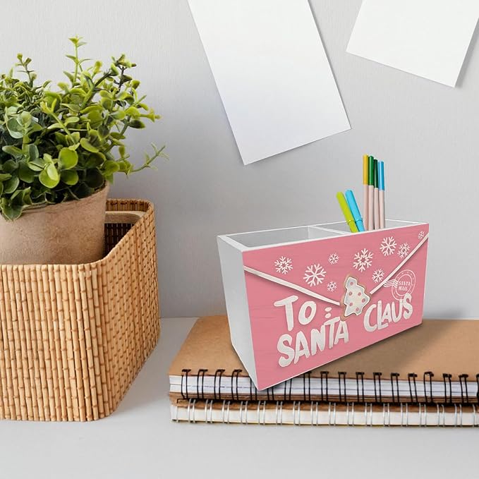 Pink Christmas Winter Pen Holder for Desk, Letter to Santa Claus Wooden Box Sign Desk Decor for Home Office Decoration, Preppy Xmas Pencil Organizer, Pink Christmas Room Decor