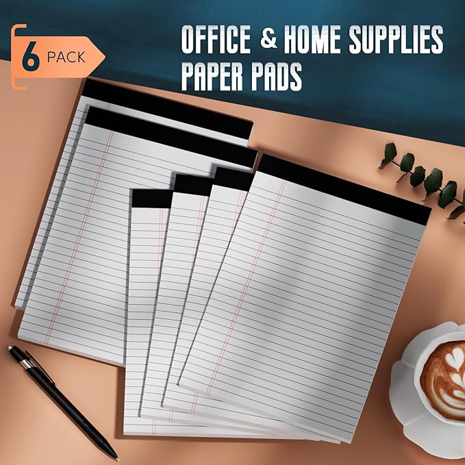 White Legal Note Pads 8.5''x 11'', 6 Pack Legal Paper Note Pads, Micro Perforated Wide Ruled Lined Writing Pads 30 Sheets/60 Pages for Home Office School Work Legal Notepads Double-Side Printed Per