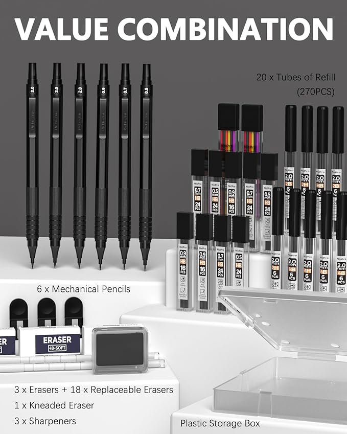 Nicpro 35PCS Black Metal Mechanical Pencils Set in Case, Art Drafting Pencil 0.5, 0.7, 0.9 mm & 3PCS 2mm Graphite Lead Holder for Drawing Sketching With 20 Tube Lead Refills(6B 4B 2B HB 2H 4H Colors)