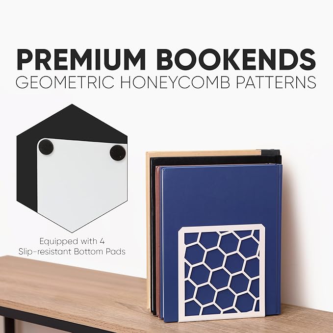 GEOMOD Geometric Honeycomb White Metal Bookends Decorative - Tall Sturdy Book Ends for Shelves - Modern Heavy Duty Bookend Stopper - Office or Home Book Shelf Book Holder - 6x3.25x6.25 Inches - 1 Pair