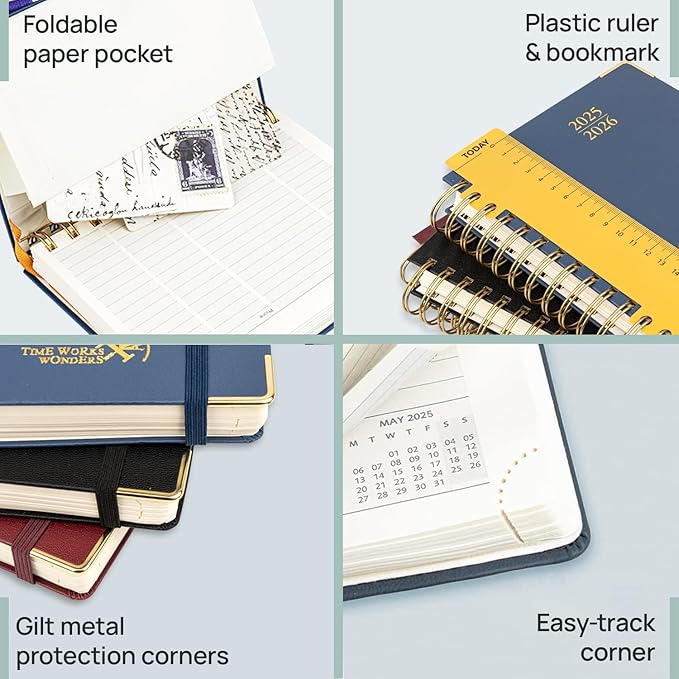 POPRUN Pocket Planner 2025-2026 (Spiral Hardcover - 4''x 6.25''), Daily Weekly and Monthly (July 2025 - June 2026) with Hourly Time Slots, for Purse, 100 GSM - Pacific Green