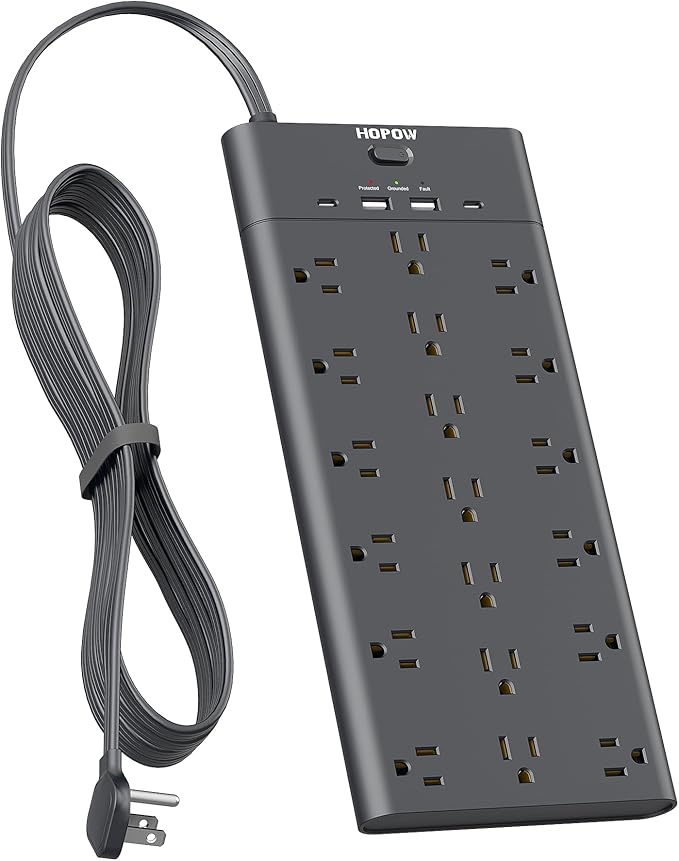 Flat Plug Power Strip, Surge Protector with 19 Outlets and 4 USB Ports, HOPOW 6 Ft Heavy Duty Extension Cord, 1875W, 2100J Surge Protection, Wall Mount for Home, Office, Gaming Room, Dorm, Black