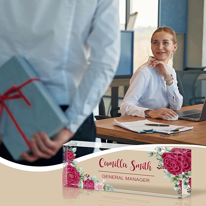 Ship Next Day Personalized Name Plate for Desk, Custom Acrylic Desk Name Sign, Office Appreciation Gifts for Women Men Coworkers Boss Teacher Employee (Flower-Rose)