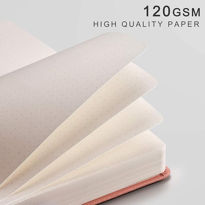 EMSHOI Dotted Notebook - 256 Pages A5 Bullet Dotted Journal, Hardcover Dot Grid Notebook, Leather Notebooks for Work, 120gsm Thick Paper,16 Perforated Pages, Inner Pocket,5.75'' × 8.38''-Pink