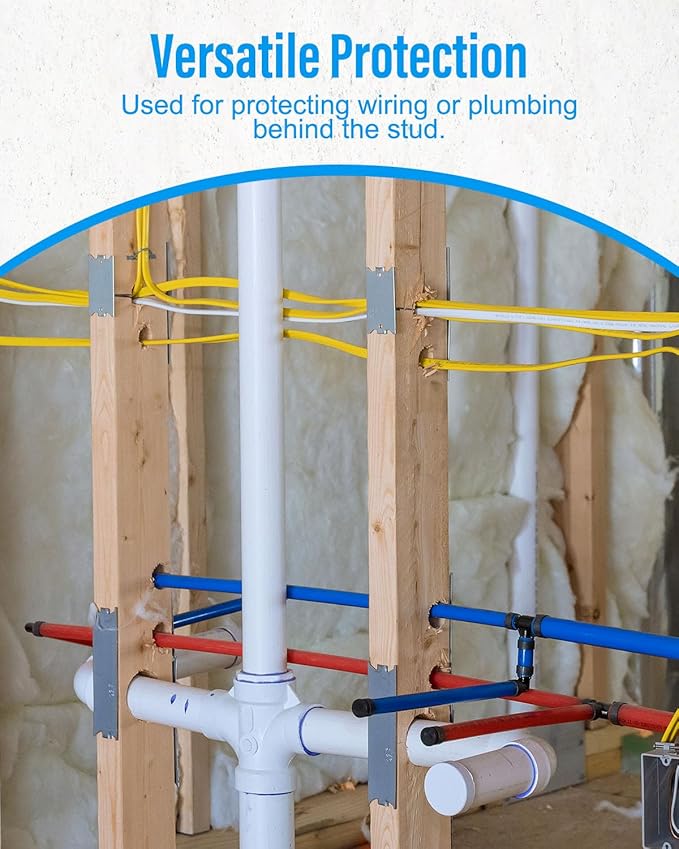 100 Pack Safety Nail Plates for Wood Studs, 2.5 x 1.5 Inch Cable Wire Protector, Metal Anti-Nail Protection with Sharp Pointed Prongs for Plumbing & Wiring Protection