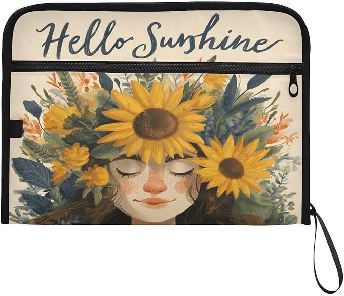 Cute Girl with Sunflowers Expanding File Organizer with 13 Pockets Accordion File Folders with Labels,Portable Document Paper Bill Receipt Organizer,Home College School Office Supplies, Letter