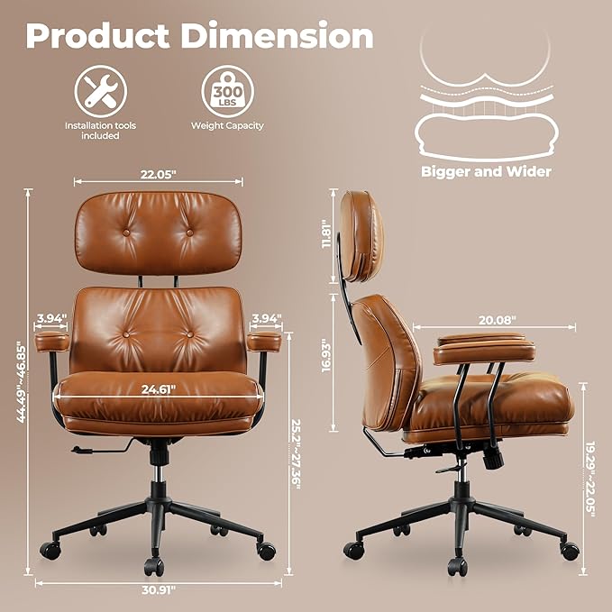 ovios Ergonomic Home Office Chair, Mid-Century Modern Faux Leather Chairs with Thickened Cushions, Comfy High Back Swivel Rolling Executive Computer Armchair (Brown, PU Leather)