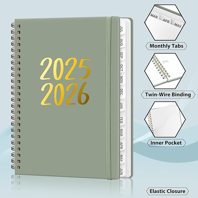 Planner 2025-2026, July 2025 - June 2026 Daily Weekly and Monthly Calendar Planner Book with Tabs, Notes Pages, Inner Pocket, Spiral Schedule Agenda A5 Notebook for School, College, Work-GREEN