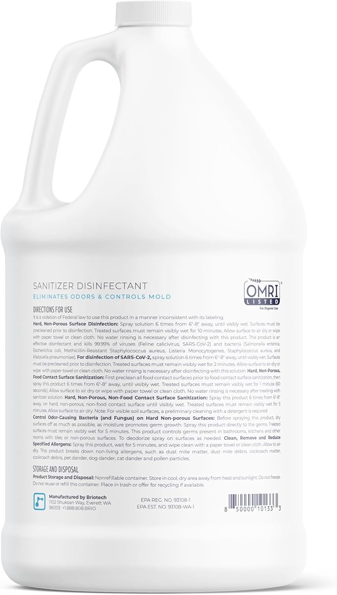BRIOTECH Sanitizer Disinfectant Hypochlorous, Kill 99.99% of Viruses & Bacteria, Control Mold, Eliminate Odor, Gentle for Nursery & Play Rooms, Food Contact Surface Sanitizer, 1 Gallon Refill (2 Pack)