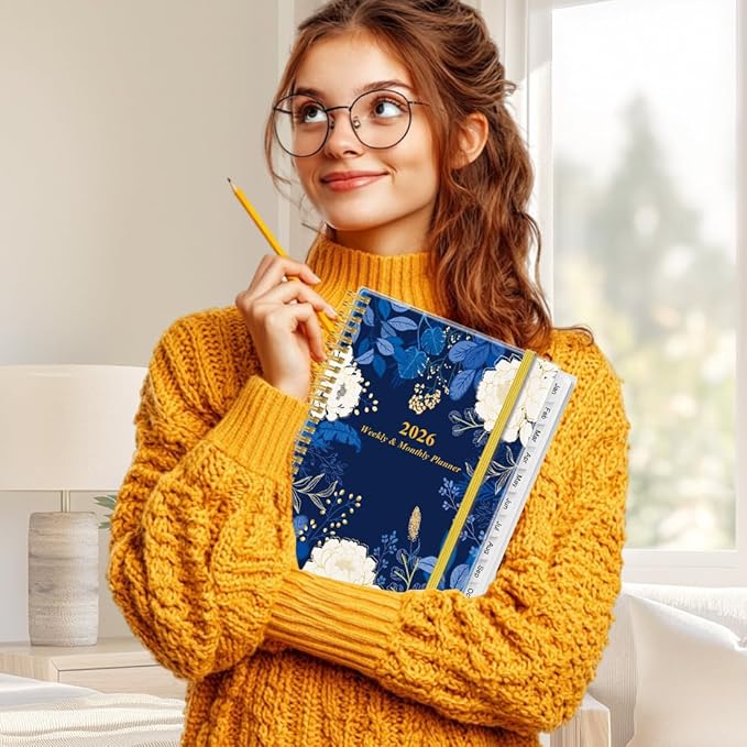 2026 Planner - Weekly Monthly Planner 2026 from January 2026 to December 2026 with 12 Monthly Tabs, Flexible Cover, Inner Pocket, 8.5" x 11", Blue Leaf Flower