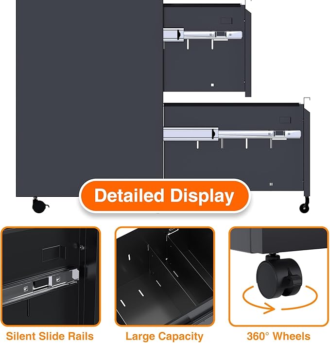 Aobabo 2 Drawer File Cabinet, Metal Filing Cabinet with Lock for Office Legal/Letter Size, Black, Fully Assembled Except Wheels