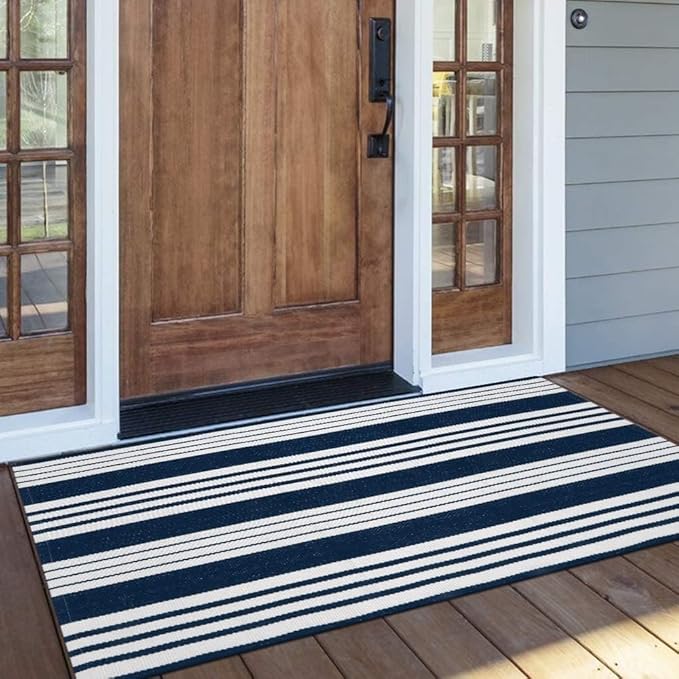 OJIA Entryway Rug 24''x51'', Machine Washable Christmas Front Door Mat Cotton Woven Blue and White Outdoor Rugs Porch Rug Striped Kitchen Runner Indoor Door Mat for Farmhouse/Entry/Home Entrance