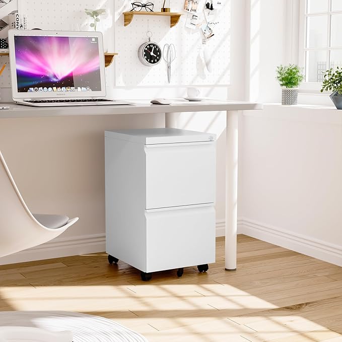 Mobile File Cabinet with Lock, 2 Drawer Under Desk Filing Cabinet with Wheels for Legal/Letter/A4 (Fully Assembled,White)