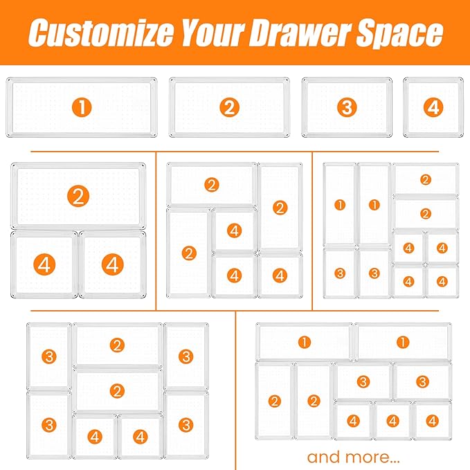 Criusia 6 Pcs Large Size Clear Drawer Organizer Set, Acrylic Non Slip Non Cracking Kitchen Drawer Storage Tray Divider, Multifunctional Storage for Cosmetics, Bathroom, Tools, Kitchen and Office