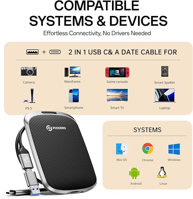 PHIXERO P5PLUS Portable SSD 512GB Up to 550MB/s, USB 3.2 Gen 2 External Solid State Drive,USB C to C&A for Smartphone,Tablet,PC,Labtop (Black)