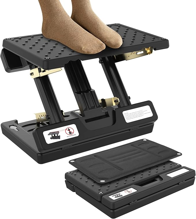 Foot Rest Under Desk, Height Adjustable Footrest with Massage Roller and Soft Pad, Foldable Ergonomic Foot Rest for Car, Underdesk, Home, Train(Black)