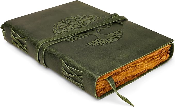 LUXEORIA Tree Of Life Leather Journal for Women and Men, Handcrafted Leather Journal for Writing Womens, Sketchbook, Travel Diary with Unlined Deckle Paper, Dark Green 7x10