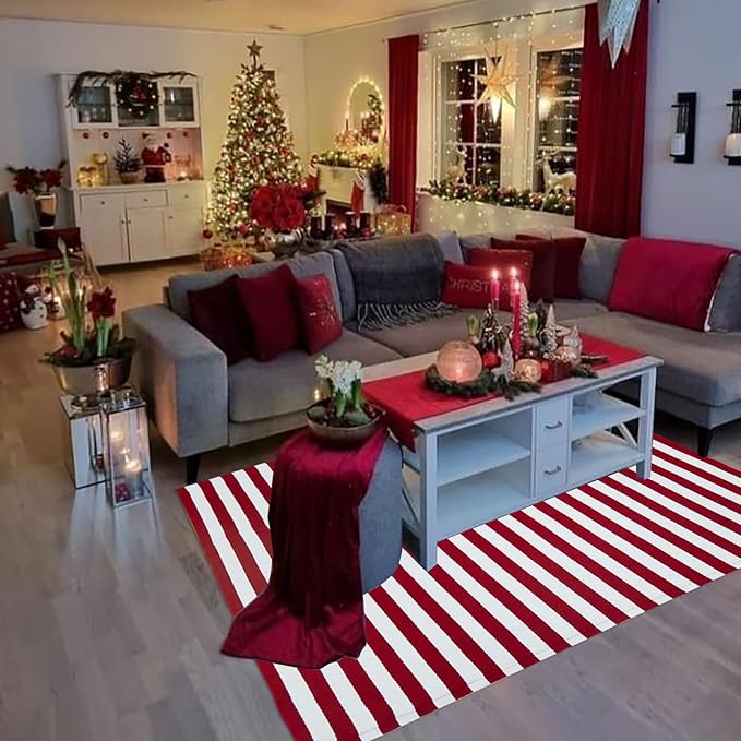 Christmas Outdoor mat Red and White Striped Outdoor Rug Front Porch Rug,Christmas Home Decor, Layerd Welcome Doormat for Front Porch Decor, Front Door, Farmhouse Decor (Red and White, 4' x 6')