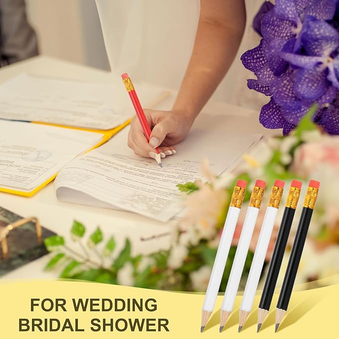 MECCANIXITY Golf Pencils with Erasers, 4" HB Mini Half Pencils Pre Sharpened Small Pens for Wedding Bridal Shower Game Office Writing Drawing(White/Black, Pack of 50)