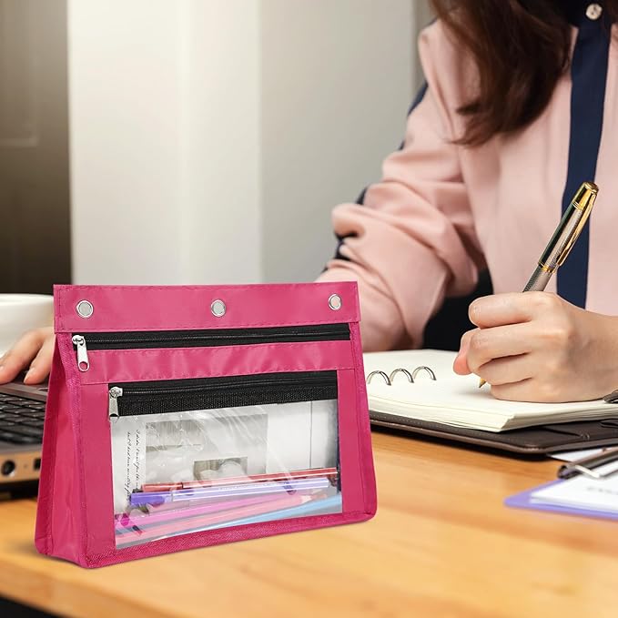 YoeeJob 1 Pack Pencil Pouch for 3 Ring Binder, Expandable Binder Pouches with Zipper, Large Capacity Pen Holder Case with Clear Window School Class Office Organizers, Rosy