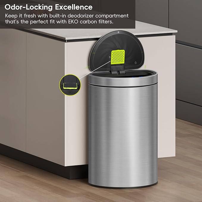 EKO Mirage Semi-Round Motion Sensor Trash Can, 47 Liter / 12.4 Gallon Automatic Large Kitchen Trash Can with Deodorizer Compartment, Removable Lid and Bucket, Matte Stainless Steel