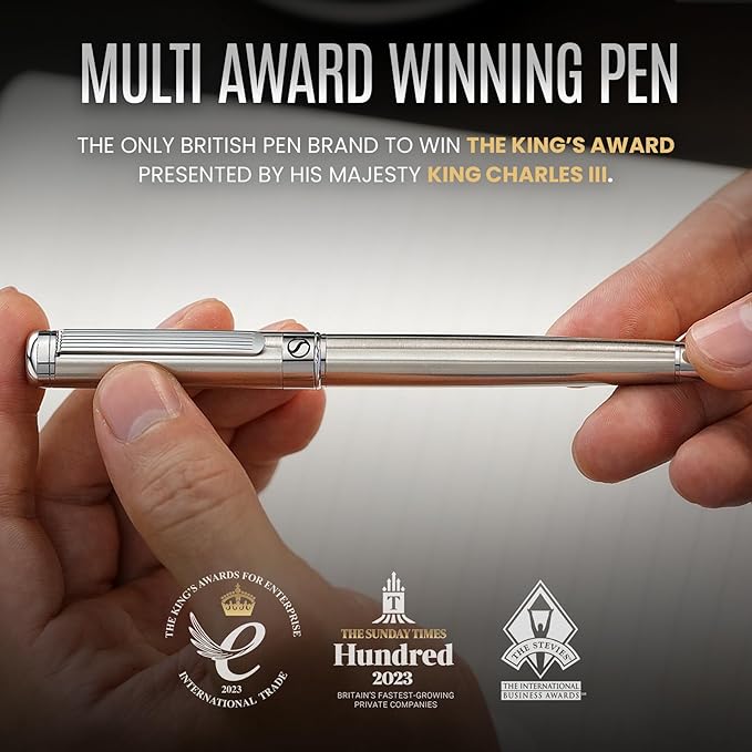 Scriveiner Stainless Steel Rollerball Pen - Stunning Luxury Metal Pen with Silver Chrome Finish, Schmidt Ink Refill, Best Roller Ball Pen Gift Set for Men & Women