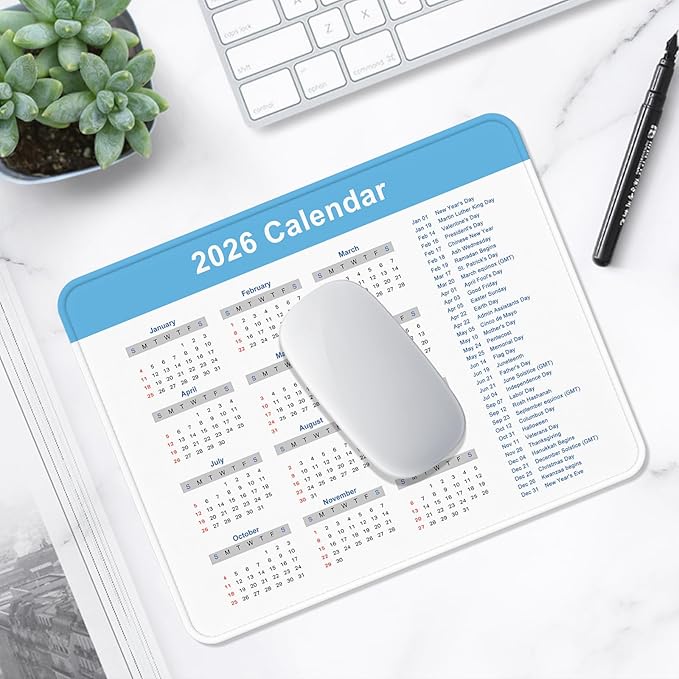 2026 Calendar Mouse Pad, Square New Year 2026 Mousepad 10.2 x 8.3 Inch, Stitched Edge Anti-Slip Waterproof Rubber Computer Mat for Office, Gaming, Laptop, New Year Office Supplies Gift, Blue