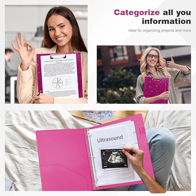 Ospelelf 3 Ring Binder 1 Inch, Vintage Leather Clipboard Binders, Binder Organizer Dividers with Tabs for Letter Size, Professional Office Portfolio, Glitter Pink