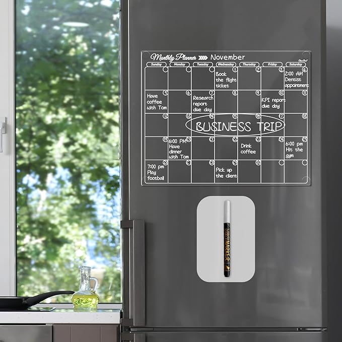 Clear Non-Magnetic Monthly Calendar for Fridge - Dry Erase Transparent Monthly Calendar - Sticks to Wall, Glass, Door, Any Smooth Surfaces