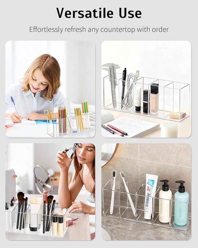 Uniclife Clear Acrylic Pen Holder for Desk, Plastic Pencil Holder Pen Organizer with 5 Compartments, Desktop Stationery Organizer for Office Home School, Vertical Makeup Brush Holder, 11.3" x 3" x 4"