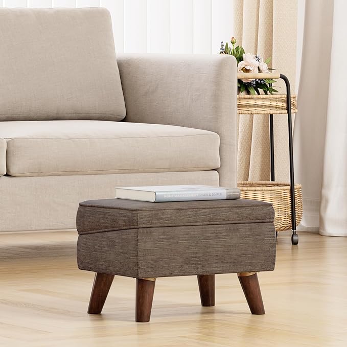 Small Footstool Ottoman with Adjustable Lid, Modern Storage Ottoman, Foot Rest for Couch, Foot Stool with Sturdy Wood Legs for Living Room, Bedroom, Enterway, Brown