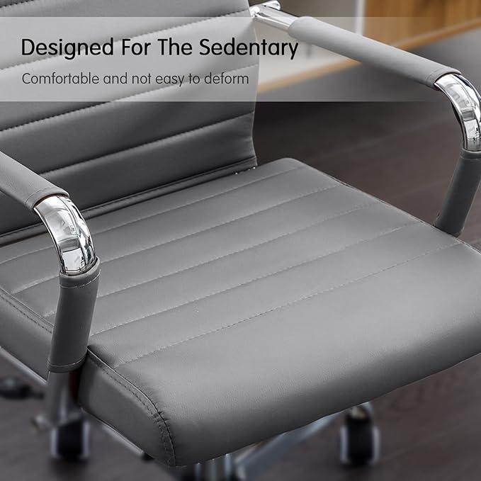 Home Office Chair Ribbed, Modern Leather Conference Room Chairs, Ergonomic Office Desk Chair, High Back Executive Computer Chair, Adjustable Swivel Chair with Arms (Grey)