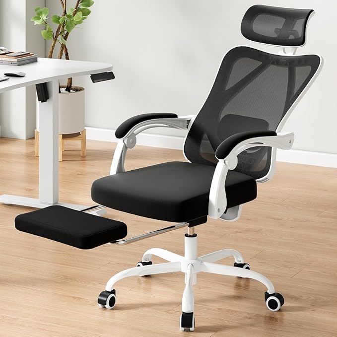 Farini Ergonomic Office Chair with Footrest, Mesh Office Desk Chair with Headrest, High Back Computer Chair with Adjustable Lumbar Support for Home Office Study Room Bedroom, White & Black