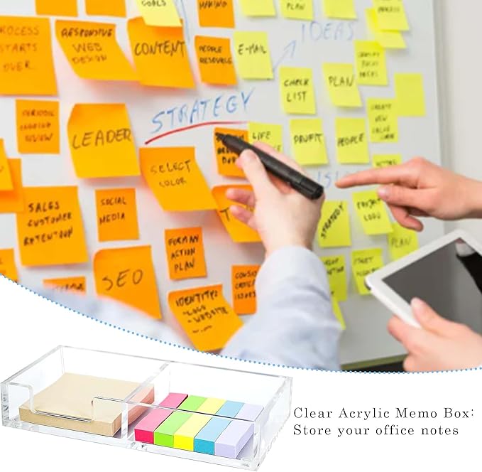 Sticky Notes Holder 2in1 Memo Pad Dispenser,7.8" x 3.9" x 1.4" Clear Desk Supplies Organizer Accessories for Office Home School Post Bank (DP013)