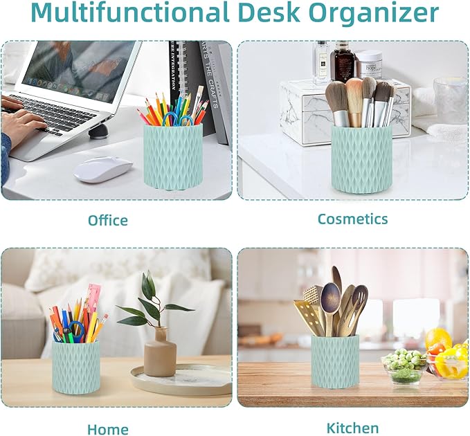 Blue Pen Holder for Desk, 360 Degree Rotating Desk Organizer with 5 Compartments, Pen Pencil Makeup Brush Holder, Cosmetics Lipsticks Pen Organizer for Home Office School