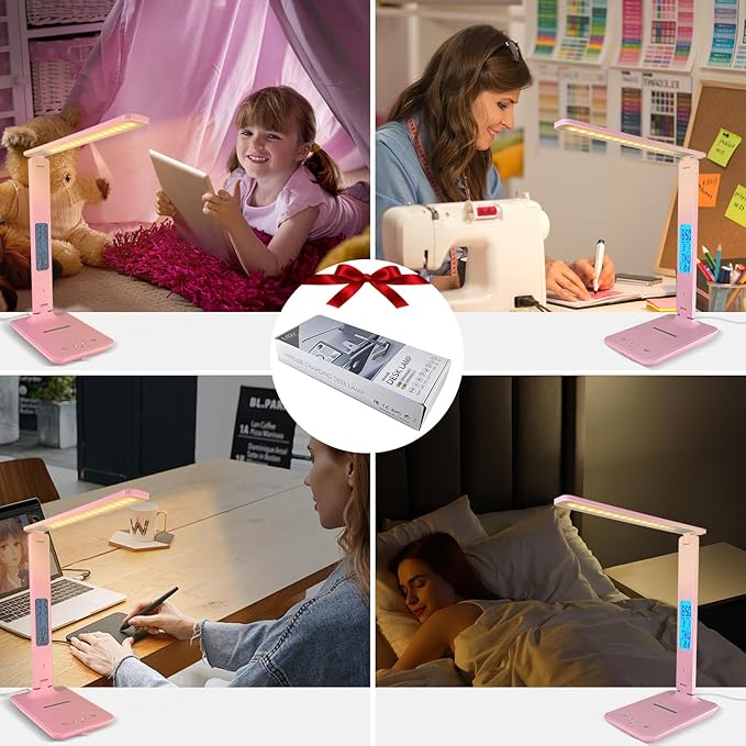 Desk Lamp with Wireless Charger,USB Charging Port, Dimmable Office Desk Light with Clock, Alarm, Date, Temperature, Foldable Lamp for Table Bedroom Bedside Office (Pink, Standard Size-13.3 inch)