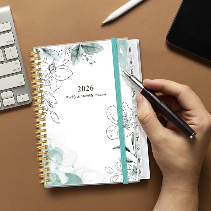 Planner 2026 - A5 Weekly & Monthly Planner Spiral Bound, January 2026 to December 2026, Planners 2026 with Flexible Cover, Tabs, Inner Pocket, 6.4" x 8.5", Teal Flowers