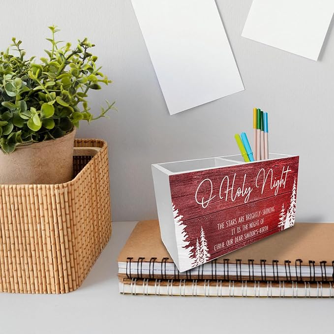 Red Rustic Christmas Tree Pen Holder for Desk, O Holy Night Holiday Christmas Wooden Box Sign Desk Decor for Home Office Decoration, Farmhouse Xmas Tree Pencil Organizer